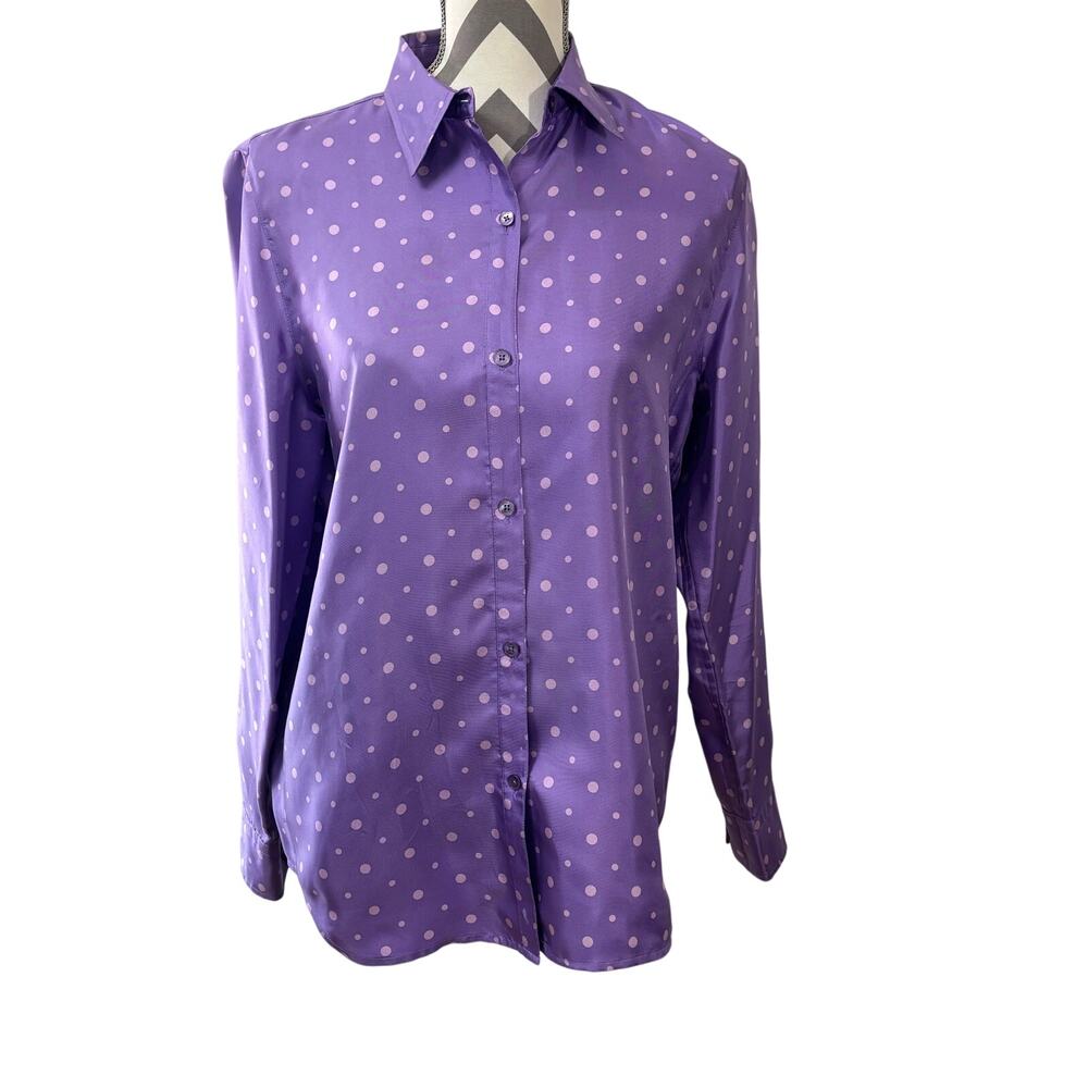 Jones New York Signature 100% Silk Blouse Purple Polka Dot Button Front Size Med